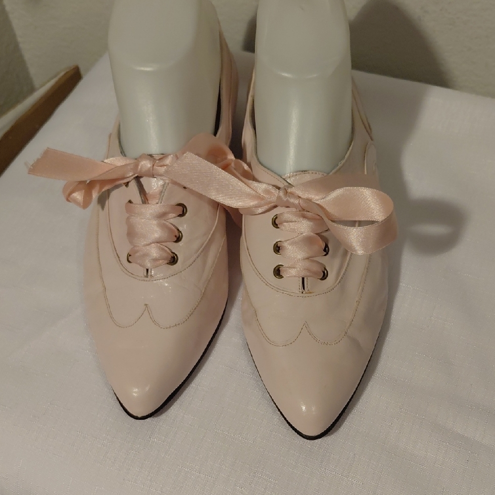 Pointed Satin Lace-Up Heels in Blush Pink
